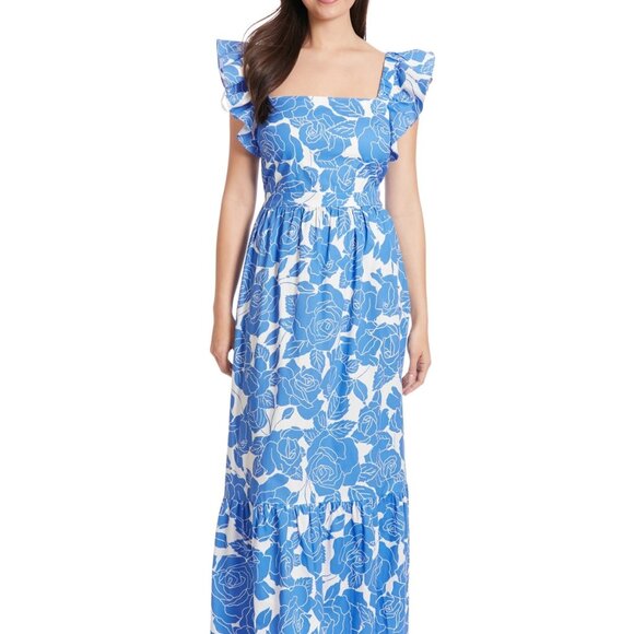 London Times Women's Square-Neck Ruffled-Sleeve Maxi Dress – Ivory/Blue – NWT 8 - Picture 3 of 4